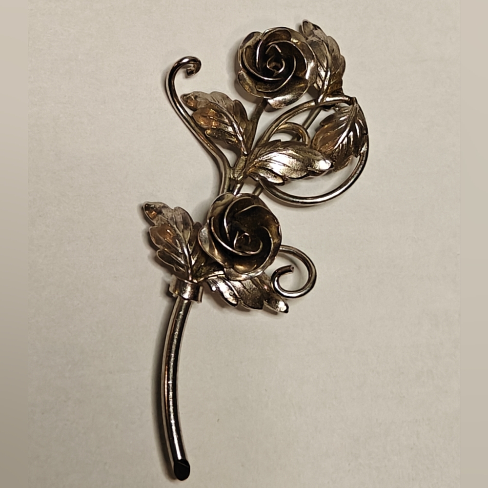 Vintage 50s Bond Boyd Sterling Silver Rose Flower Bouquet Brooch
